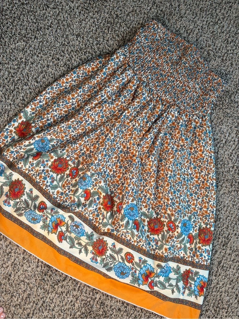 Smocked Floral Print Sleeveless Dress in Cream, Blue & Orange